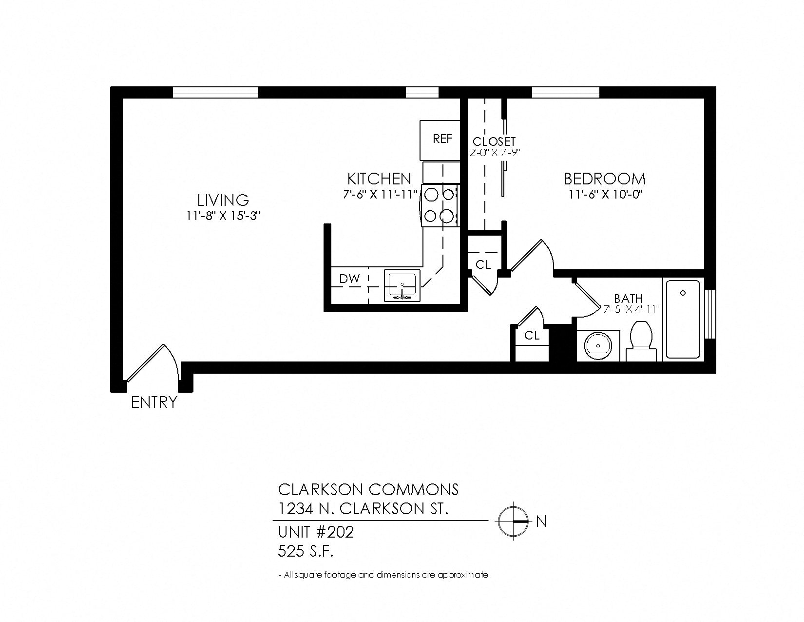 Floor plan for 1 bed, 1 bath, 480 sqft